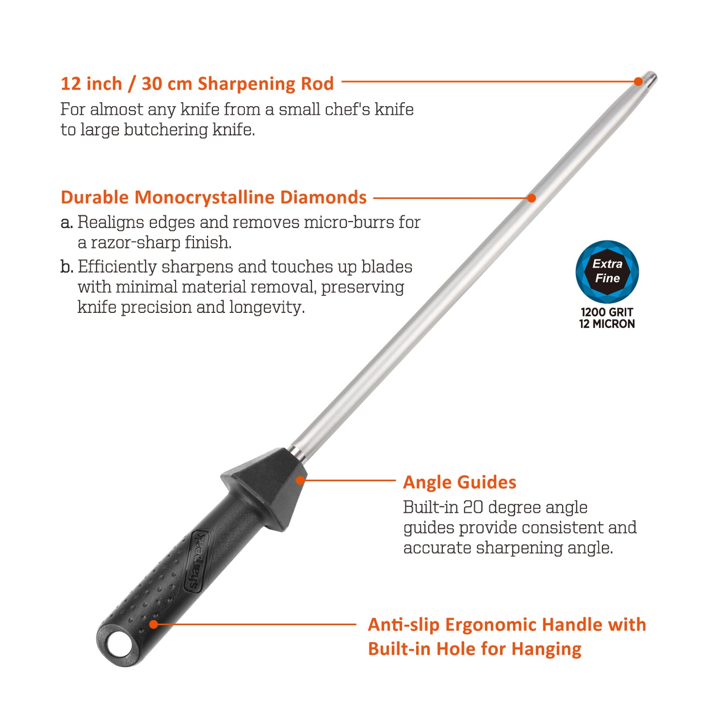 110R 12 inch Diamond Sharpening Rod, Extra Fine