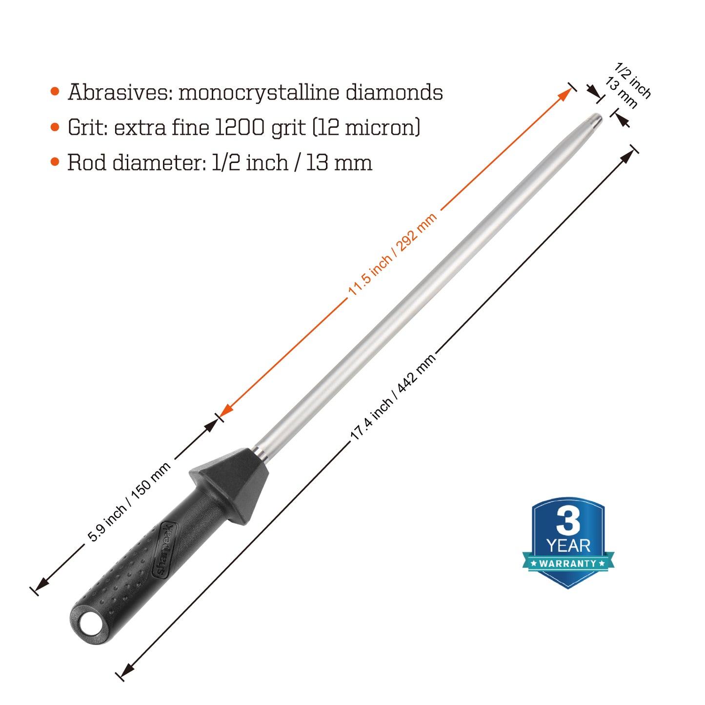 110R 12 inch Diamond Sharpening Rod, Extra Fine