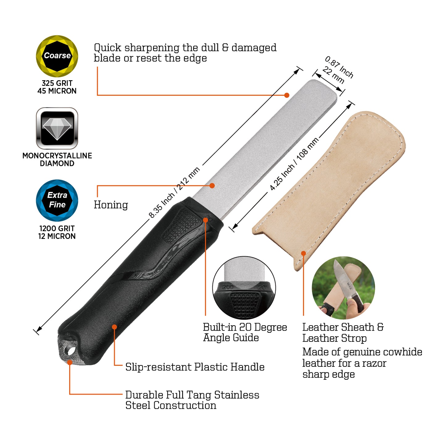 127N Dual-Grit (Coarse 325 / Extra Fine 1200) Diamond Sharpening Stone with Leather Strop