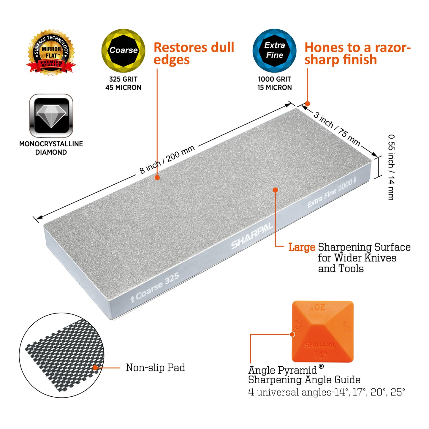 168H Large 8" x 3" Dual-Grit Diamond Sharpening Stone – Coarse 325 & Extra-Fine 1000 Grit with Anti-Slip Pad and Angle Guide