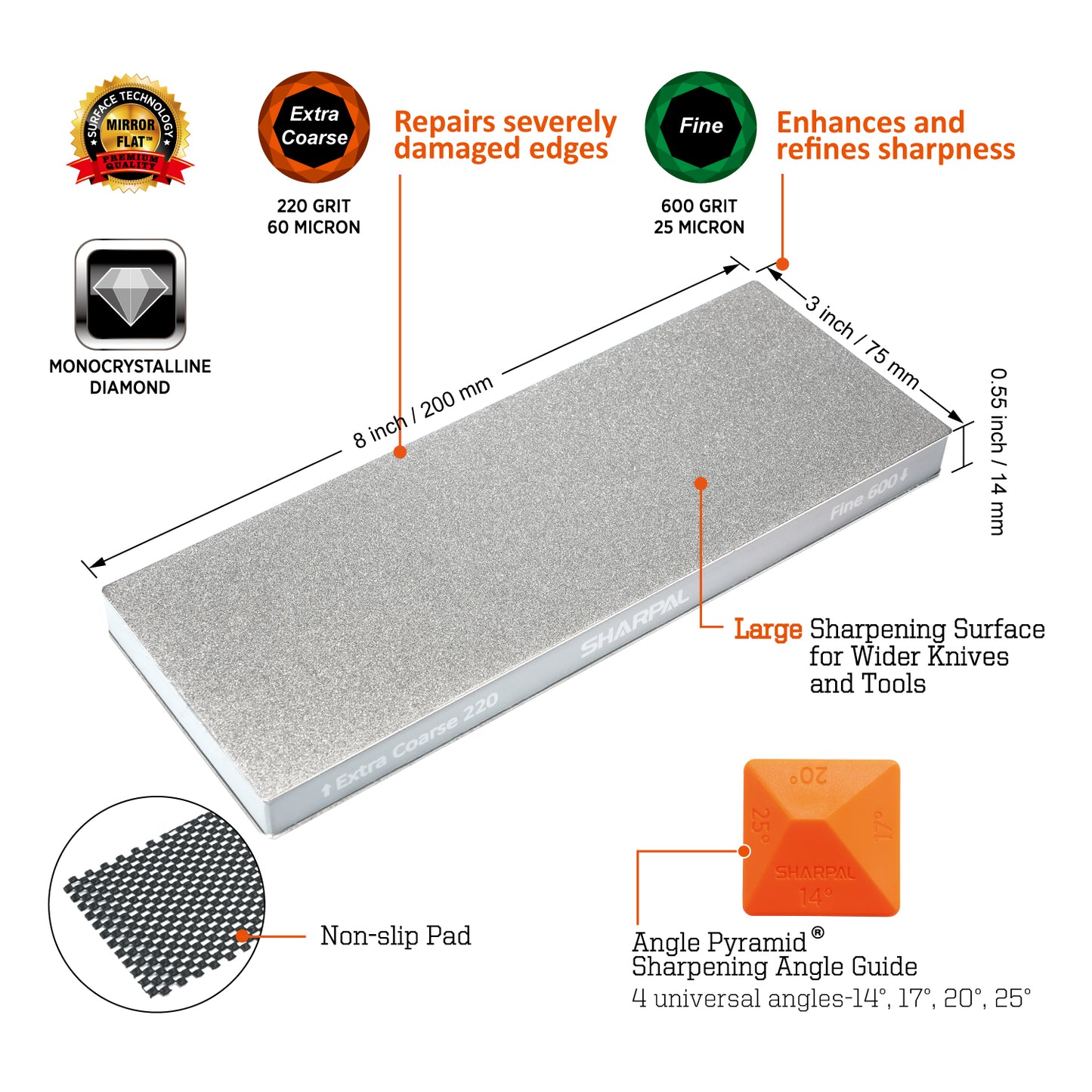 169H Large 8" x 3" Dual-Grit Diamond Sharpening Stone – Extra-Coarse 220 & Fine 600 Grit with Anti-Slip Pad and Angle Guide