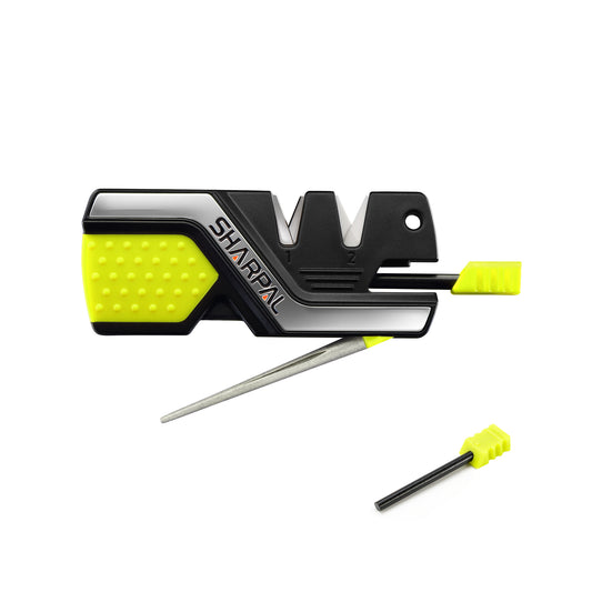 101N-G 6-In-1 Knife Sharpener & Survival Tool-Green, with two Ferro Rods