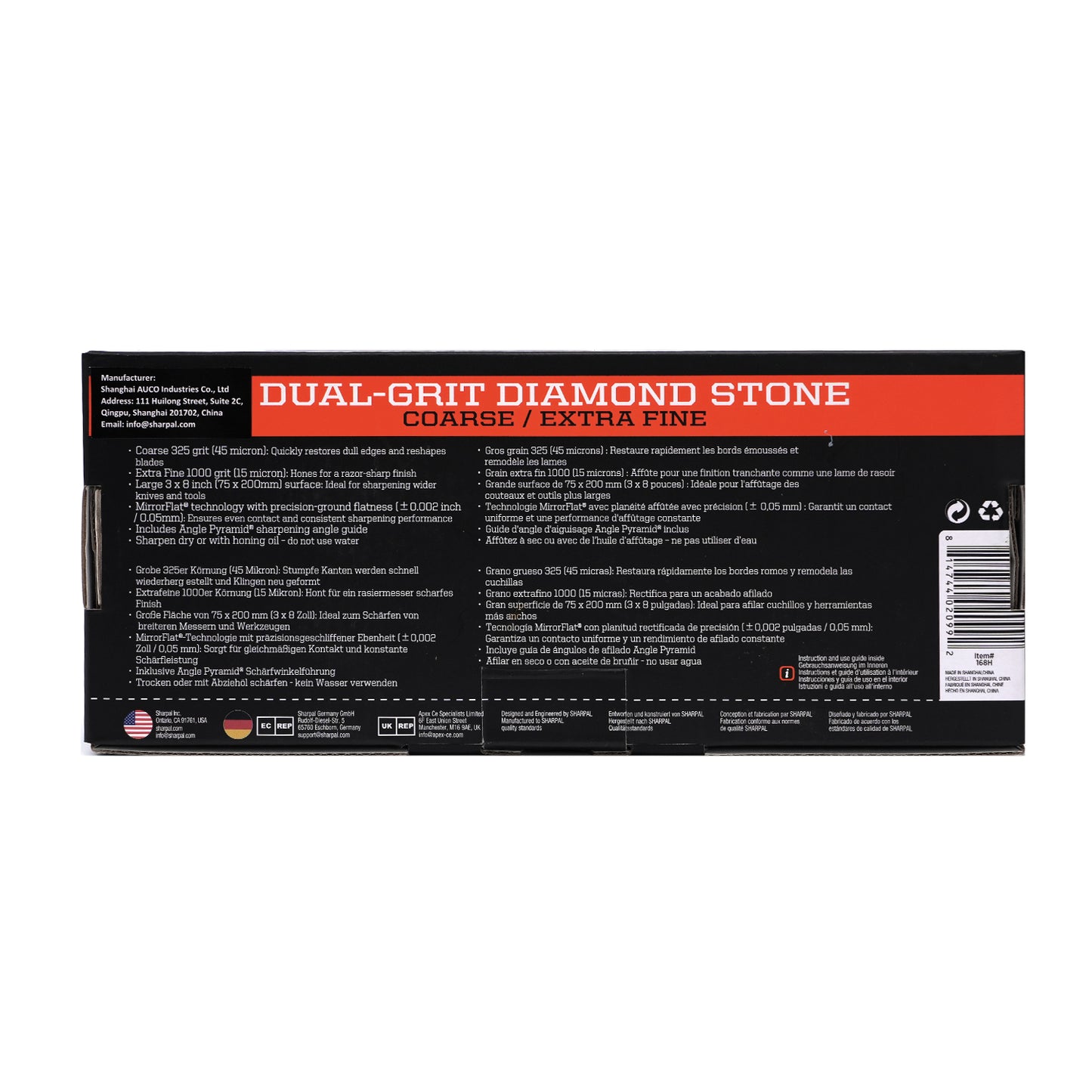 168H Large 8" x 3" Dual-Grit Diamond Sharpening Stone – Coarse 325 & Extra-Fine 1000 Grit with Anti-Slip Pad and Angle Guide