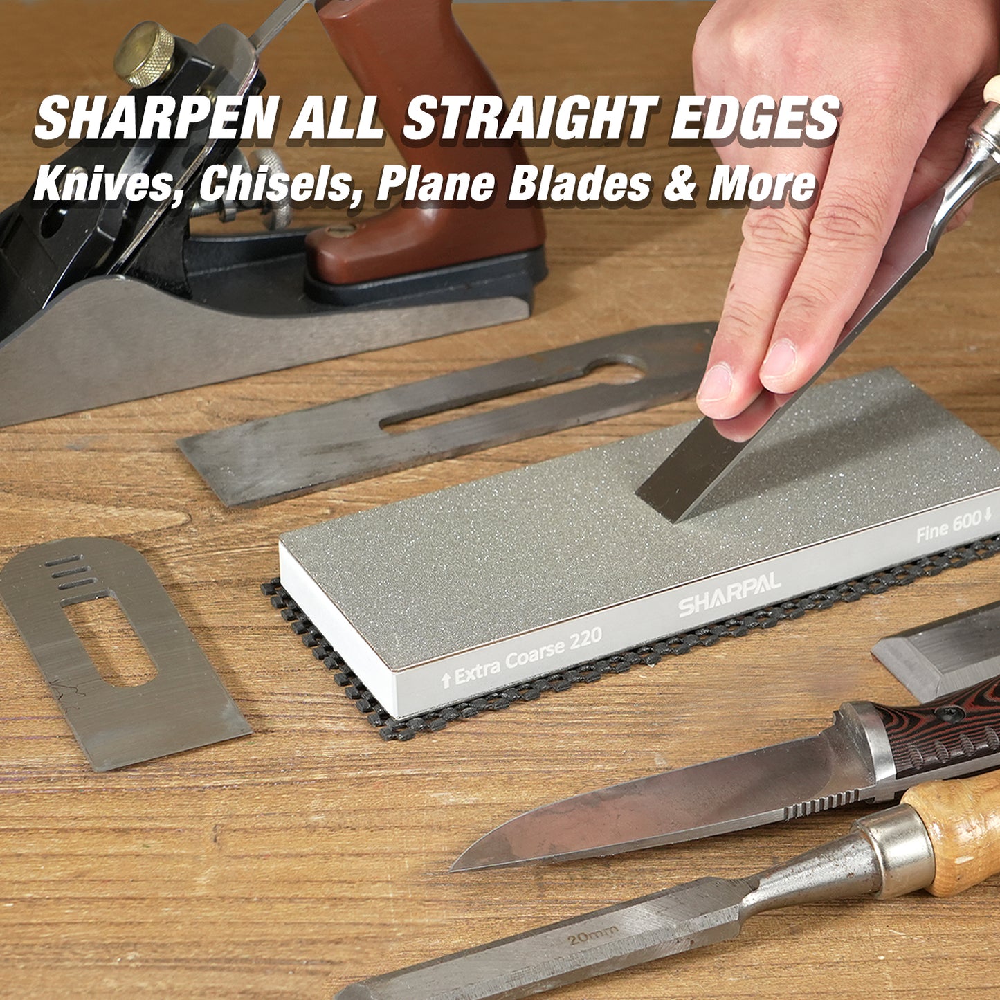 169H Large 8" x 3" Dual-Grit Diamond Sharpening Stone – Extra-Coarse 220 & Fine 600 Grit with Anti-Slip Pad and Angle Guide