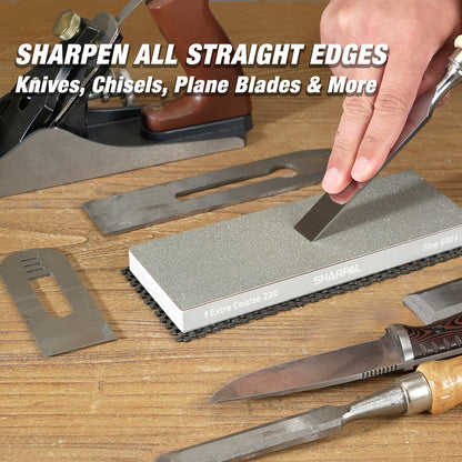 169H Large 8" x 3" Dual-Grit Diamond Sharpening Stone – Extra-Coarse 220 & Fine 600 Grit with Anti-Slip Pad and Angle Guide
