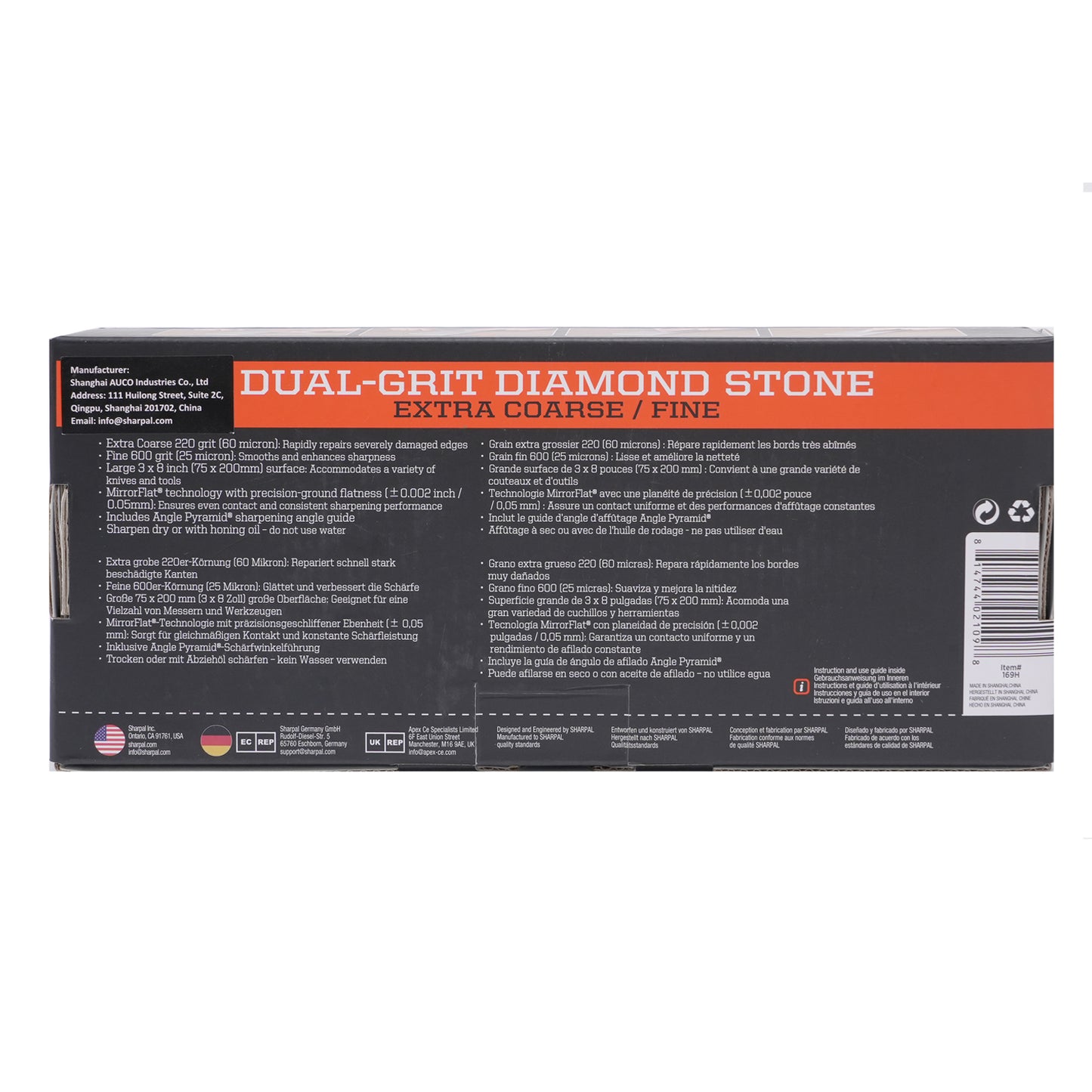 169H Large 8" x 3" Dual-Grit Diamond Sharpening Stone – Extra-Coarse 220 & Fine 600 Grit with Anti-Slip Pad and Angle Guide