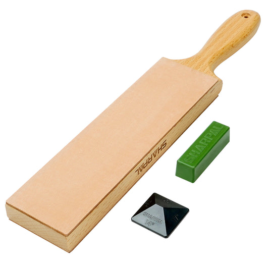 205H Double-Sided Leather Strop with Green Compound and Angle Guide  8.5" x 2.4" / 215 x 60mm